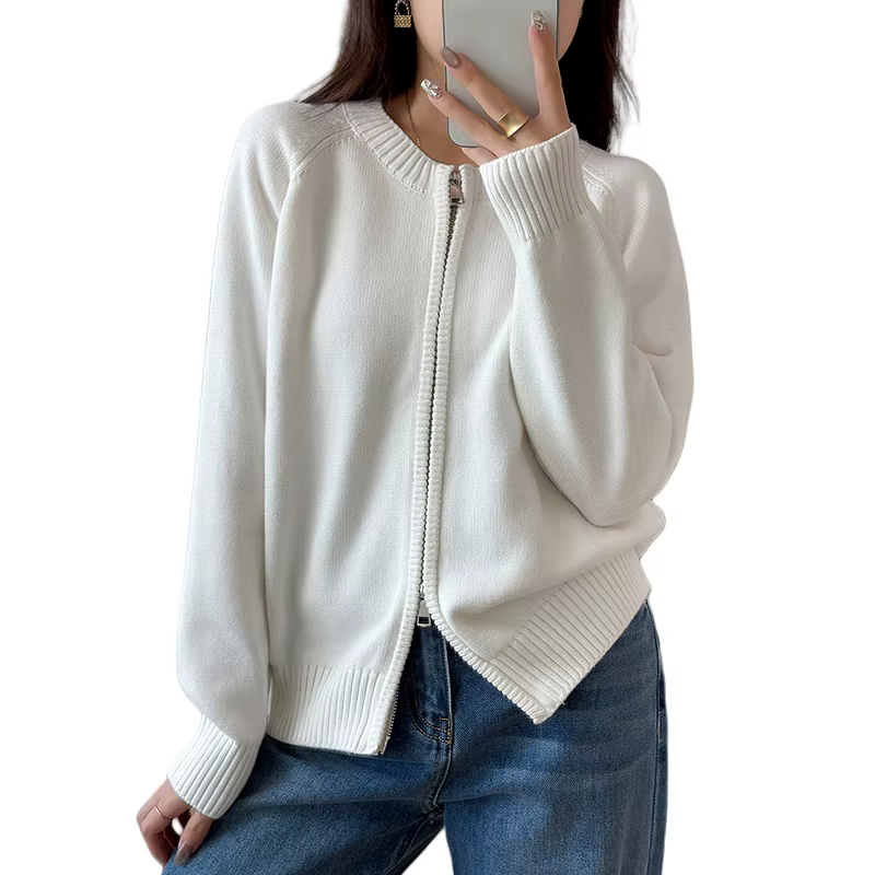 Double fermeture éclair pull Cardigan femmes à manches longues pur vêtements d'extérieur en coton au