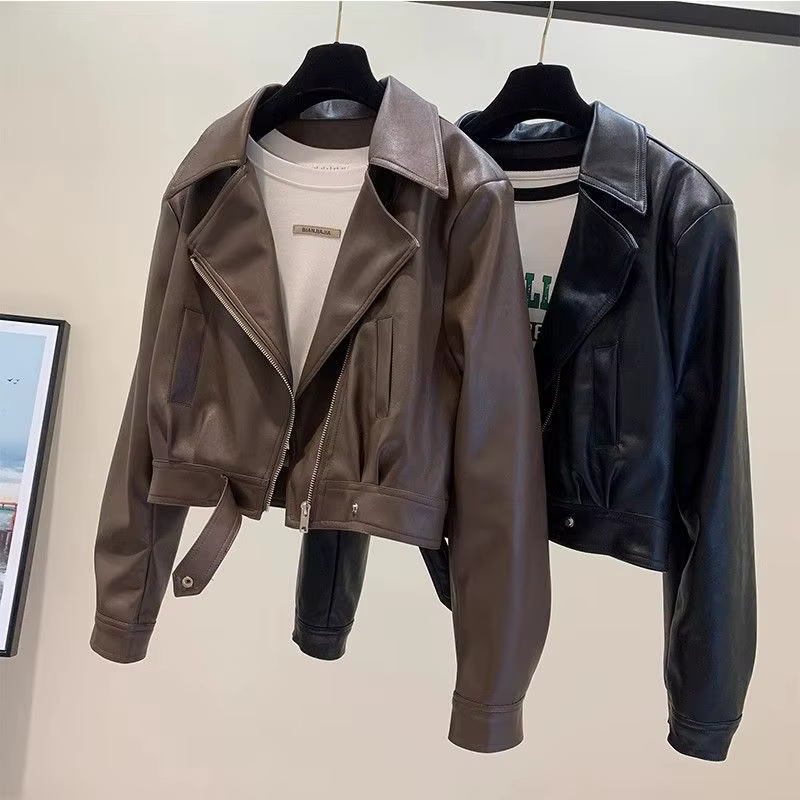 Veste en cuir marron pour femme, coupe ample et courte, nouvelle collection printemps-automne 2025, 