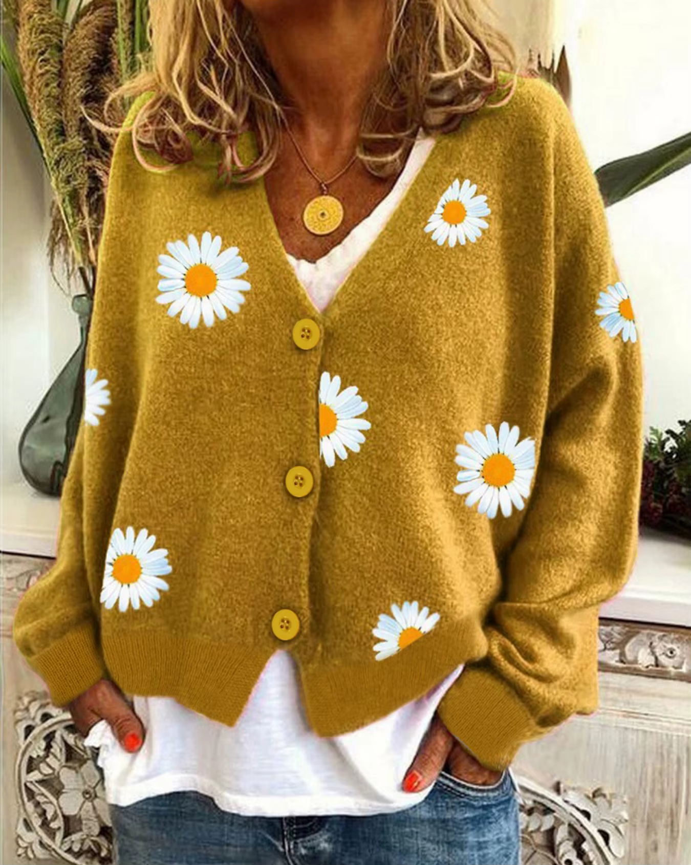 Cardigan en tricot à col en V brodé de marguerites jaune moutarde pour femmes, décontracté, surdimen