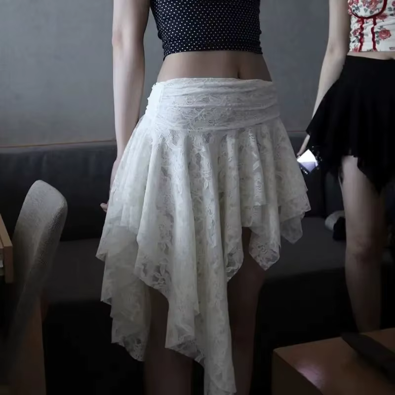 Jupe mi-longue en dentelle superposée de Style français avec ourlet asymétrique, blanche, élégante,
