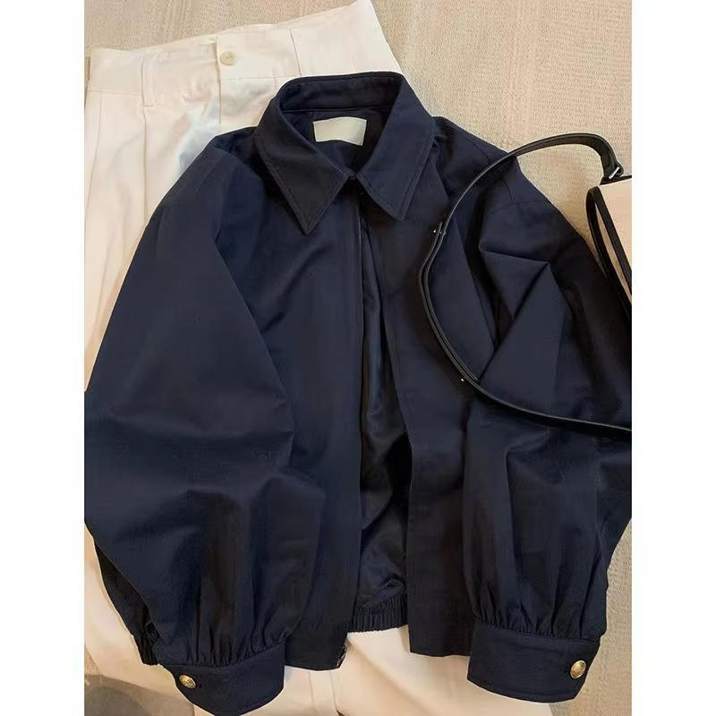 Veste à col rabattu bleu marine, couleur unie, décontractée, manches longues, vêtements d'extérieur