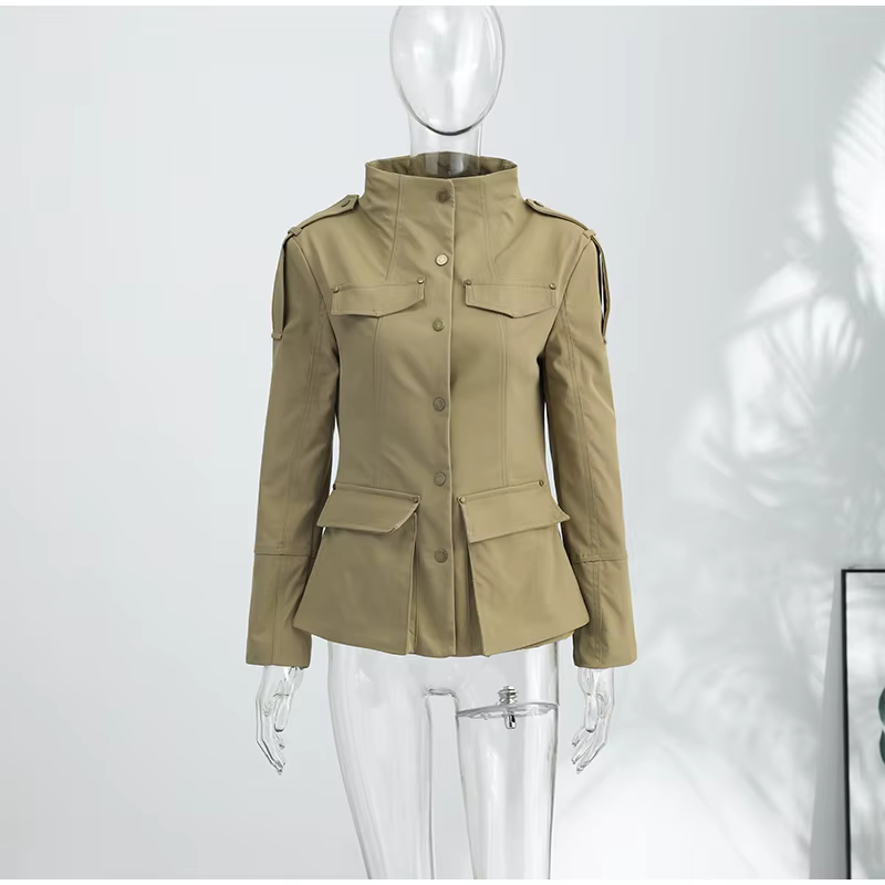 Trench-Coat court kaki à col montant pour femme, veste avec poches, boutons sur le devant, Slim Fit,