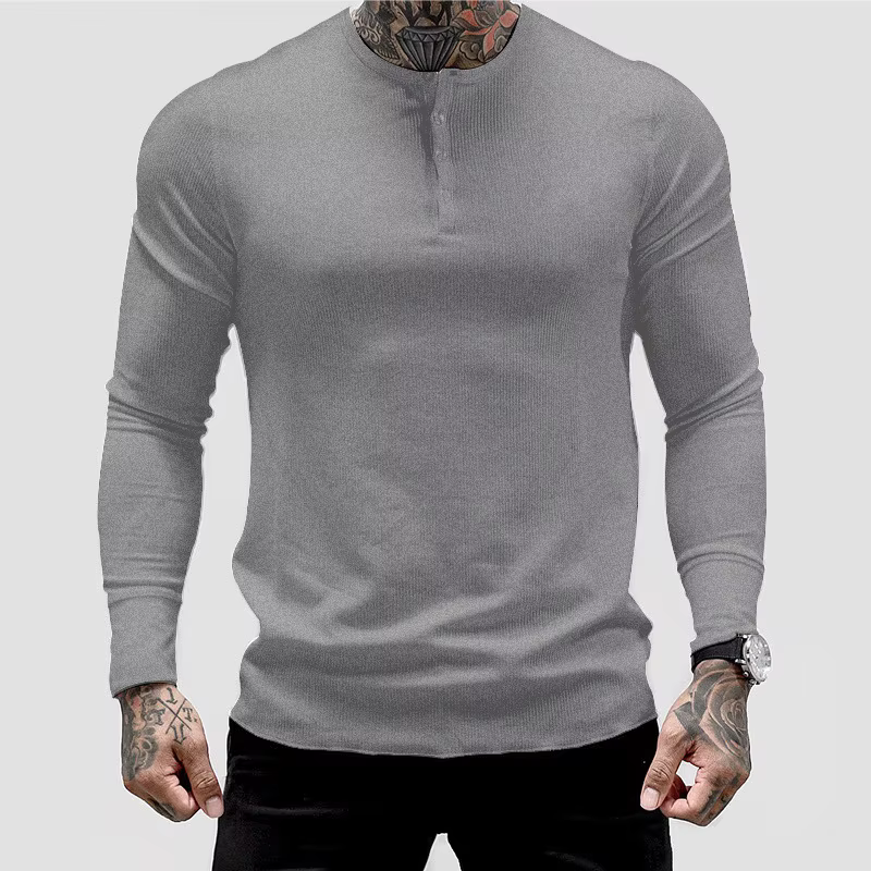 Sweat-Shirt à manches longues pour hommes, col Henry, ourlet rond, couleur unie, décontracté, entraî