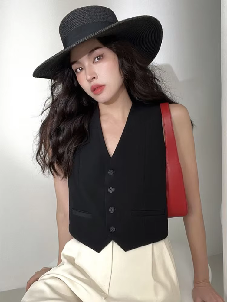 Gilets courts à col en V pour femmes, style anglais, vintage, minimaliste, chic, tendre, bureau, coo