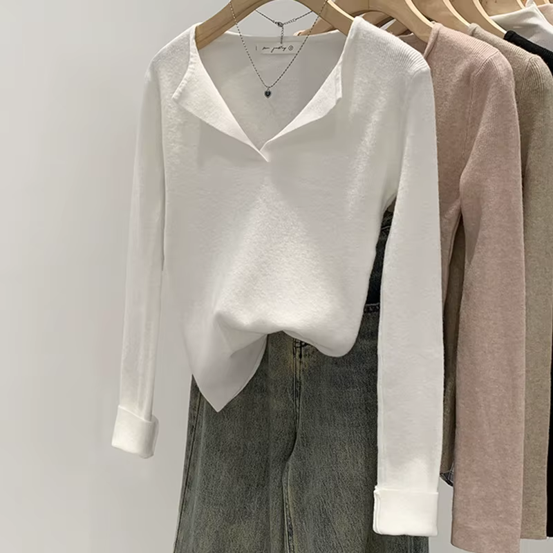 DUOJIHUI-Pull blanc à manches longues et col en V pour femme, sexy, basique, solide, document, à la 