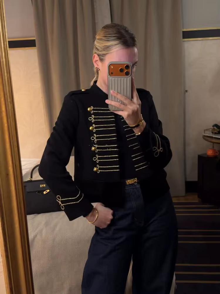 Veste courte noire élégante de style baroque pour femme, col montant, boutons perlés, veste courte,