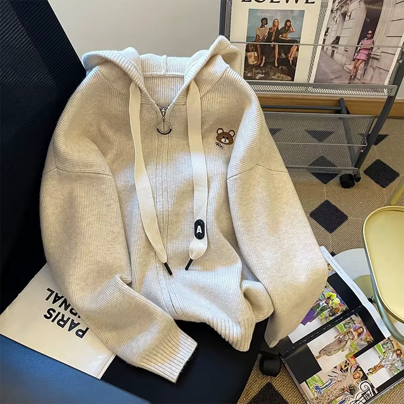 Veste pull à capuche avec cordon de serrage brodé gris pour femme, haut ample et polyvalent à la mod