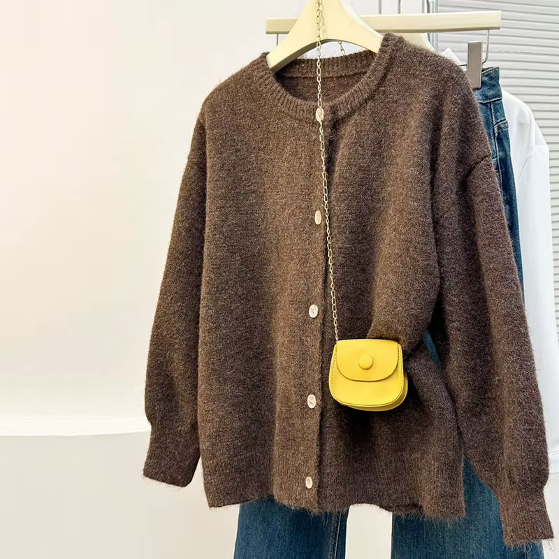 Cardigan en cachemire tricoté pour femme, marron vintage, confortable et doux, veste pull simple à c