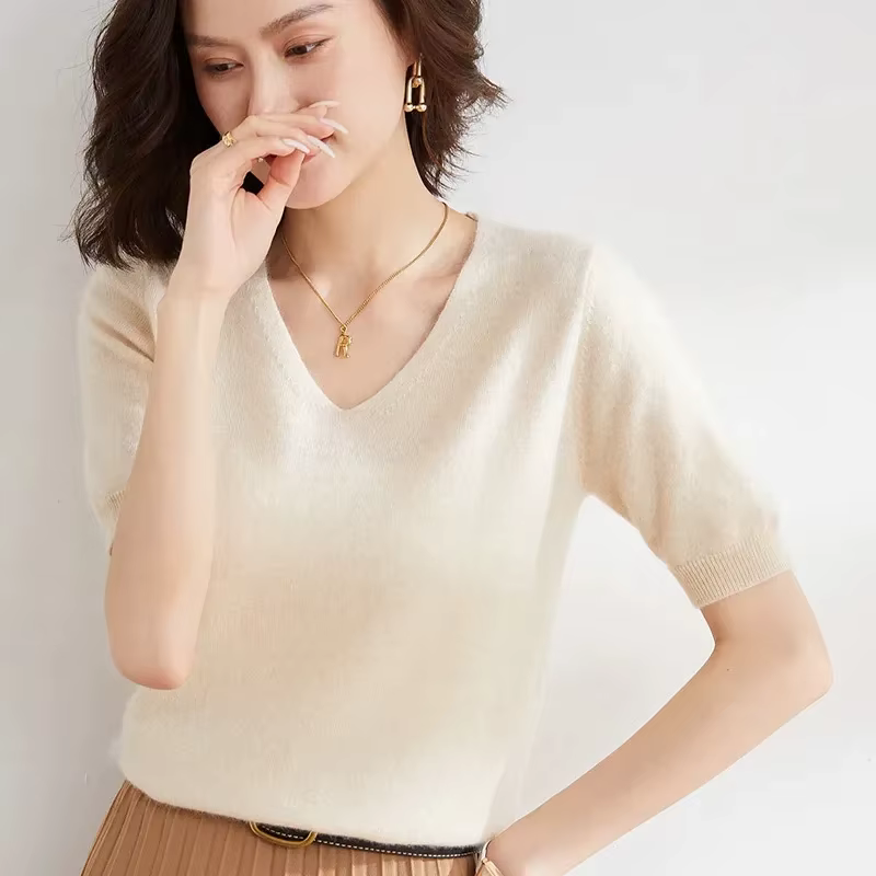 Nouveau Pull Femme Manches Courtes 2026 – Chandail Basique en Laine Mérinos Tendance Col V pour Prin