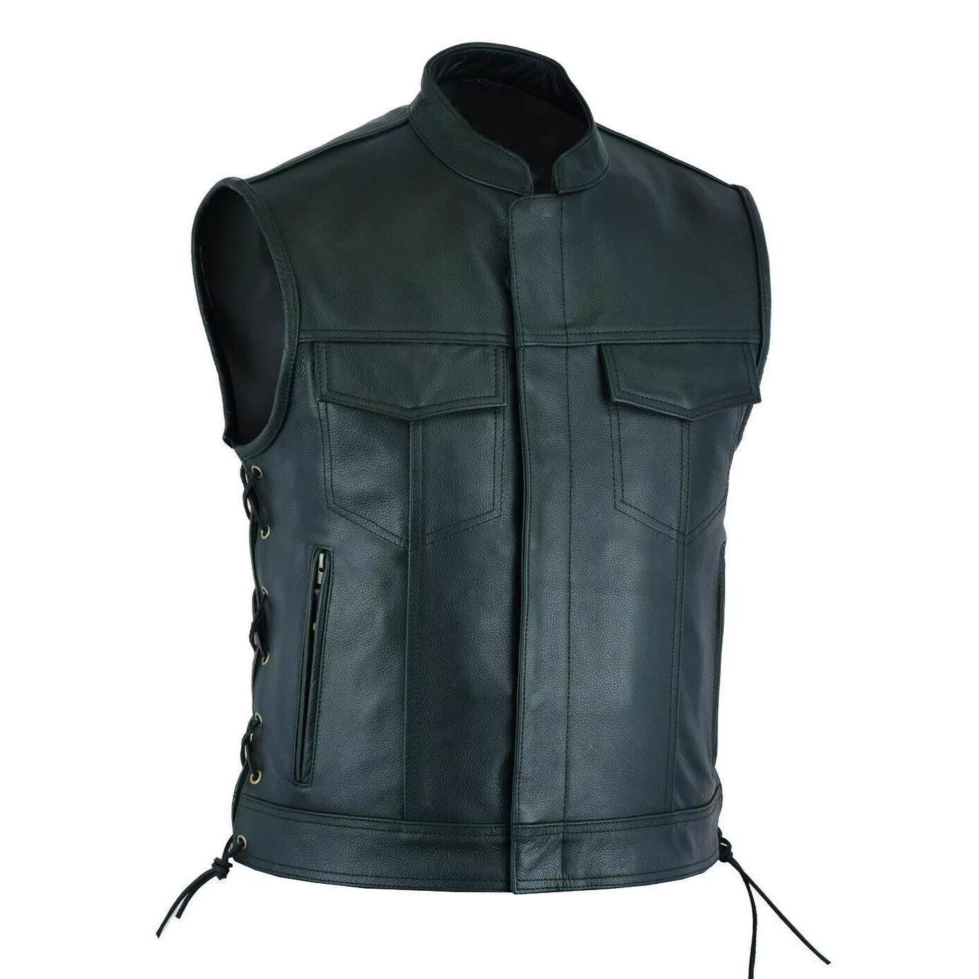 Gilet en cuir Pu pour hommes, simple boutonnage, fermeture éclair, court, haut sans manches, hiver, 