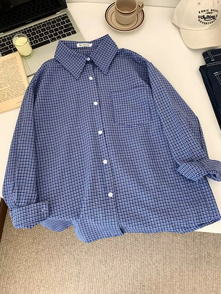 Veste chemise à manches longues à carreaux bleus pour femmes, Style paresseux Vintage de début d'aut