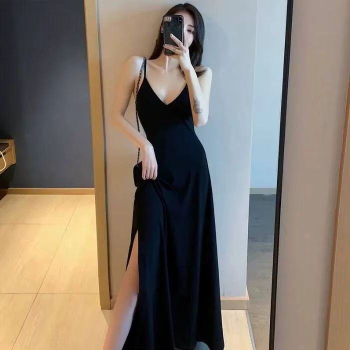 Robe noire à col en V pour femme, robe longue astronomique, robe en fibre noire sur le côté, mode fé