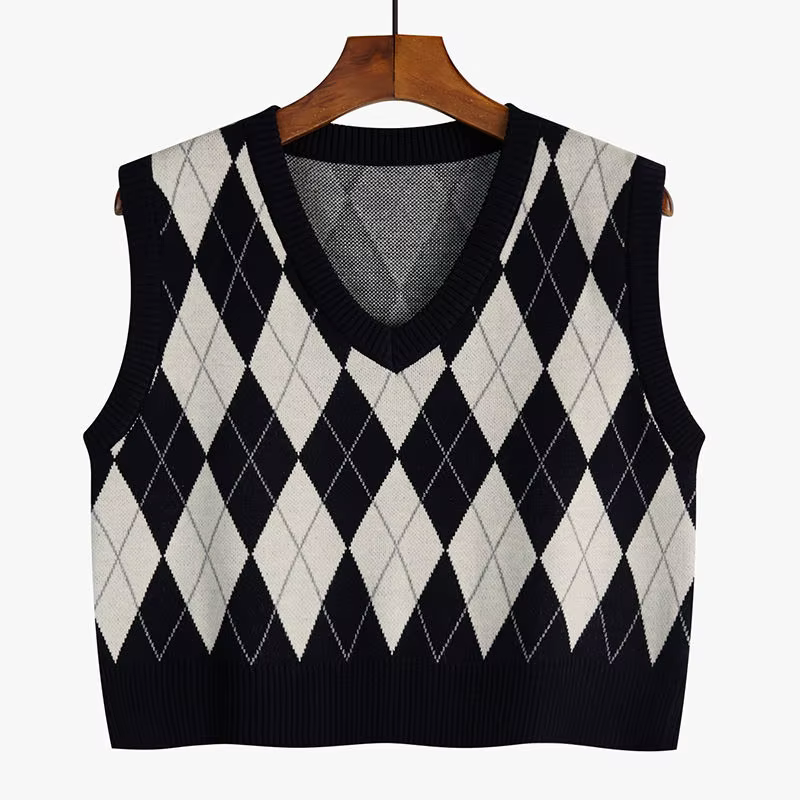 Argyle-Pull rétro à col en V pour femmes, Pull court All-Match, Style coréen, High Street Classic, A