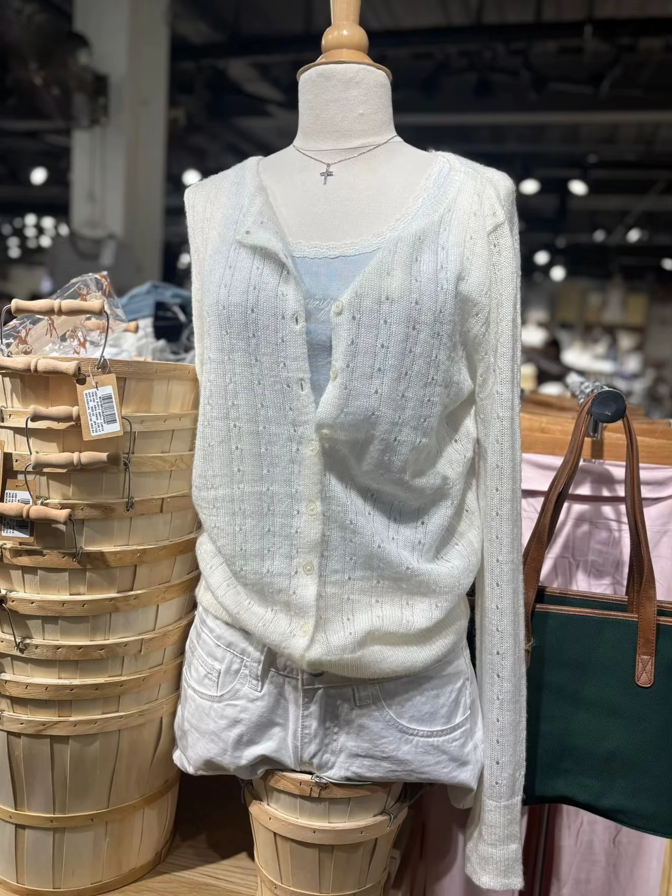 Cardigan à œillets Beige pour femme, col rond, manches longues, en coton, tricoté fin, Smock, décont