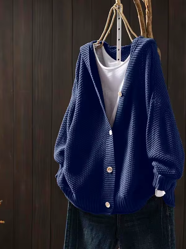 Cardigan en tricot épais pour femmes grandes tailles – Pull ample à col en V bleu marine avec capuch
