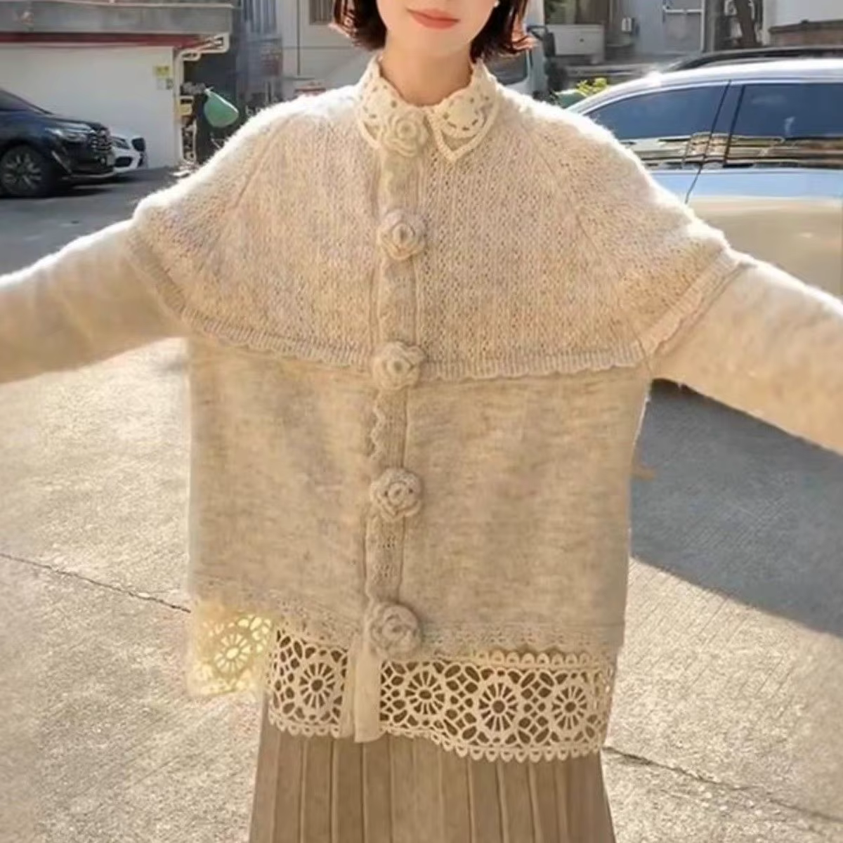 Pull cardigan en tricot pour femme, printemps 2026, nouveau, mi-long et ample, haut à fleurs, veste