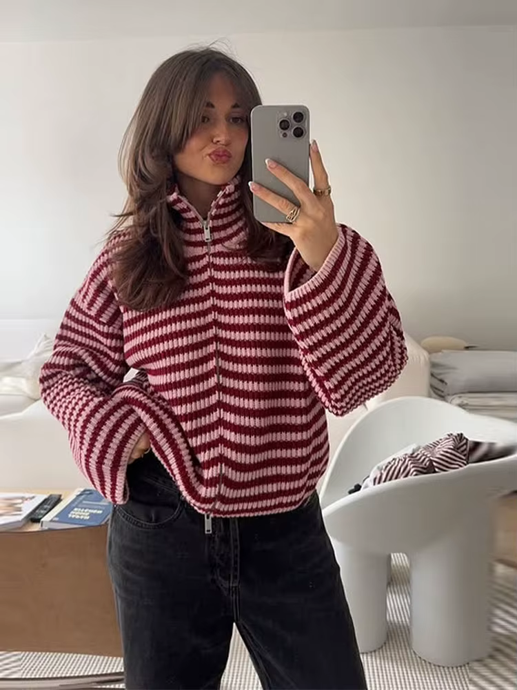 Cardigan en tricot à panneaux avec fermeture éclair pour femmes, élégant col montant, manches longue