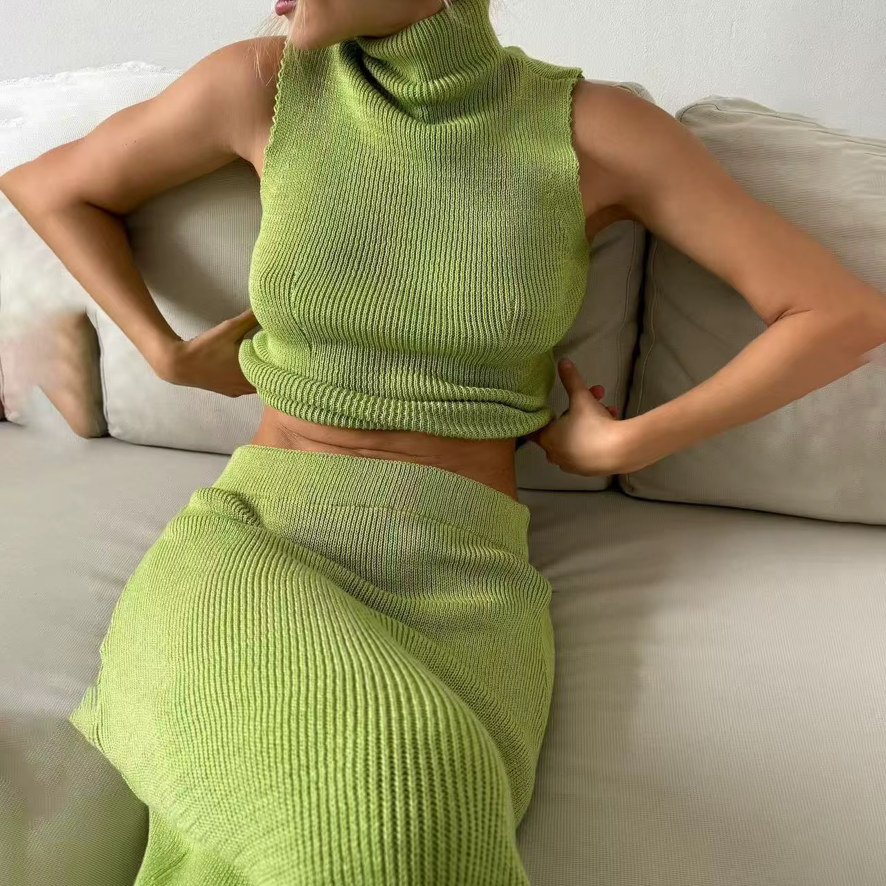 Ensembles hauts tricotés sans manches à col montant et jupes longues pour femmes, tenue de bureau él