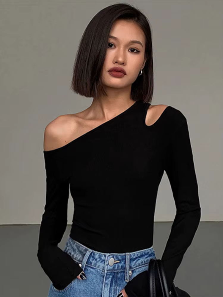 Mode col incliné épaules dénudées à manches longues T-shirts femmes printemps nouveau solide coupe a
