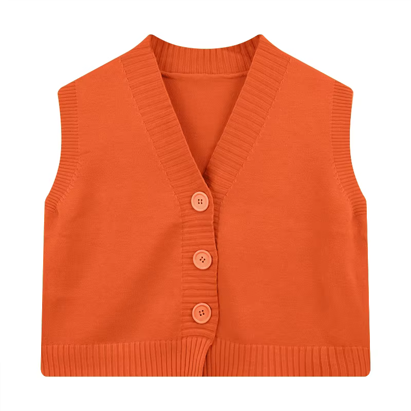 Gilet pull boutonné pour femmes et adolescentes, col en v, sans manches, veste courte en tricot, hau