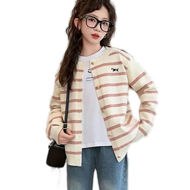 Cardigan à rayures au crochet pour enfants, tricots élégants, pull décontracté pour bébé, haute qual