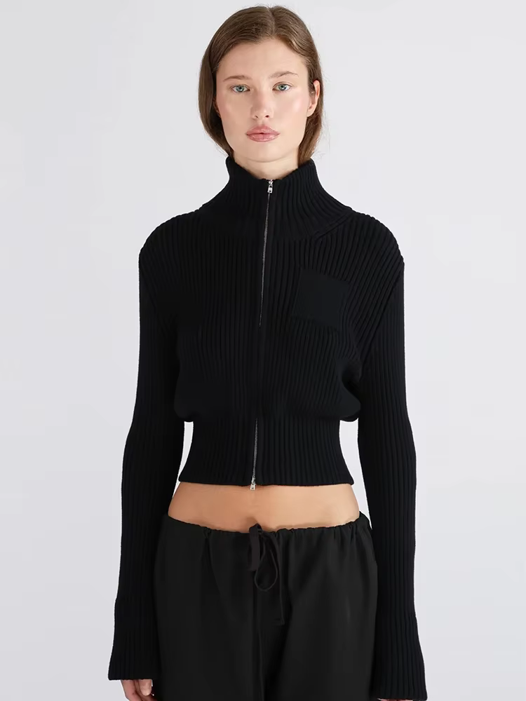 Cardigan en tricot à manches longues pour femmes, pull élégant à la mode avec fermeture éclair, col
