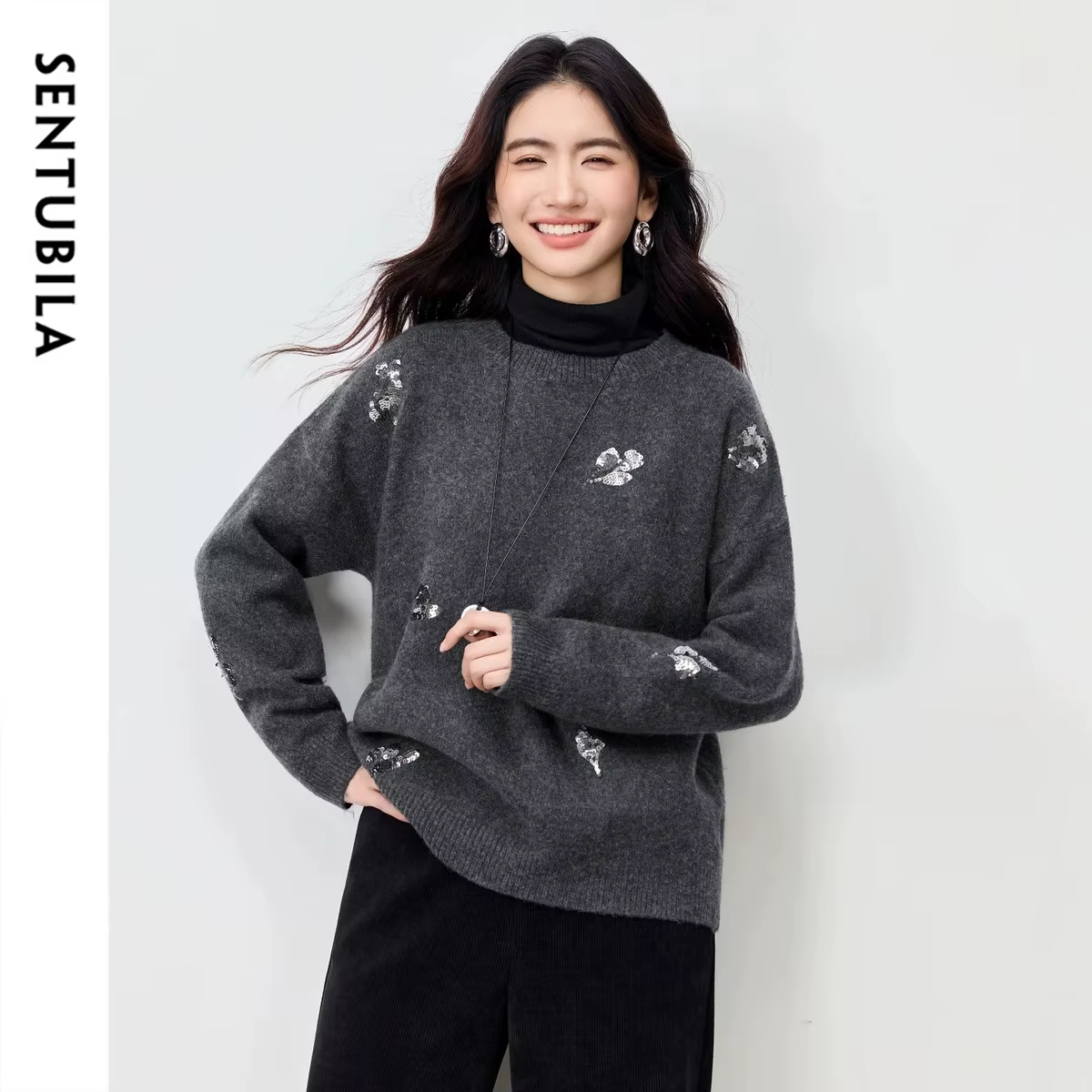 Pulls d'hiver SENTUBILA pour femme, broderie de sequins, col rond, manches longues, pulls amples en