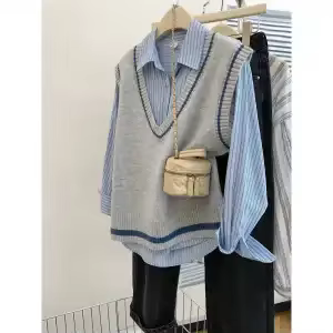 Gilet tricoté gris à col en v pour femme, haut tendance, printemps et automne, 2025