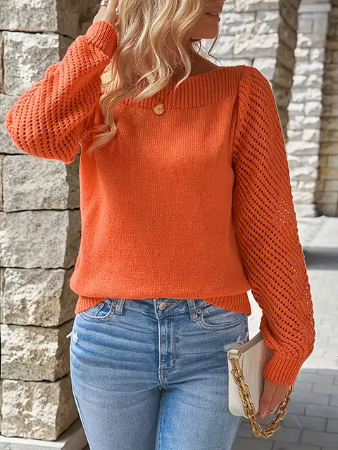 Pull femme printemps nouvelle couleur unie creux à manches longues épaule pull tricoté pull haut