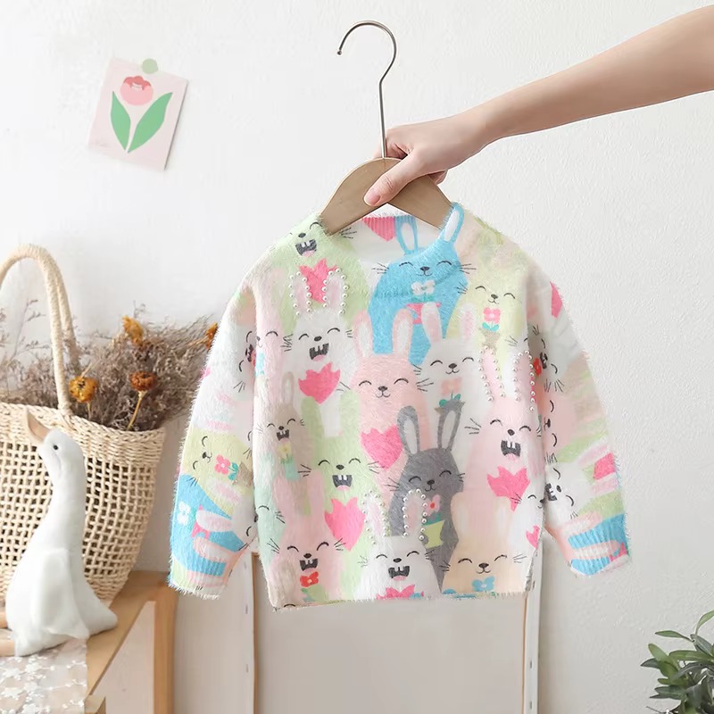 Pull lapin de dessin animé coloré pour enfants, pull tricoté pour filles, Style étranger, automne 20