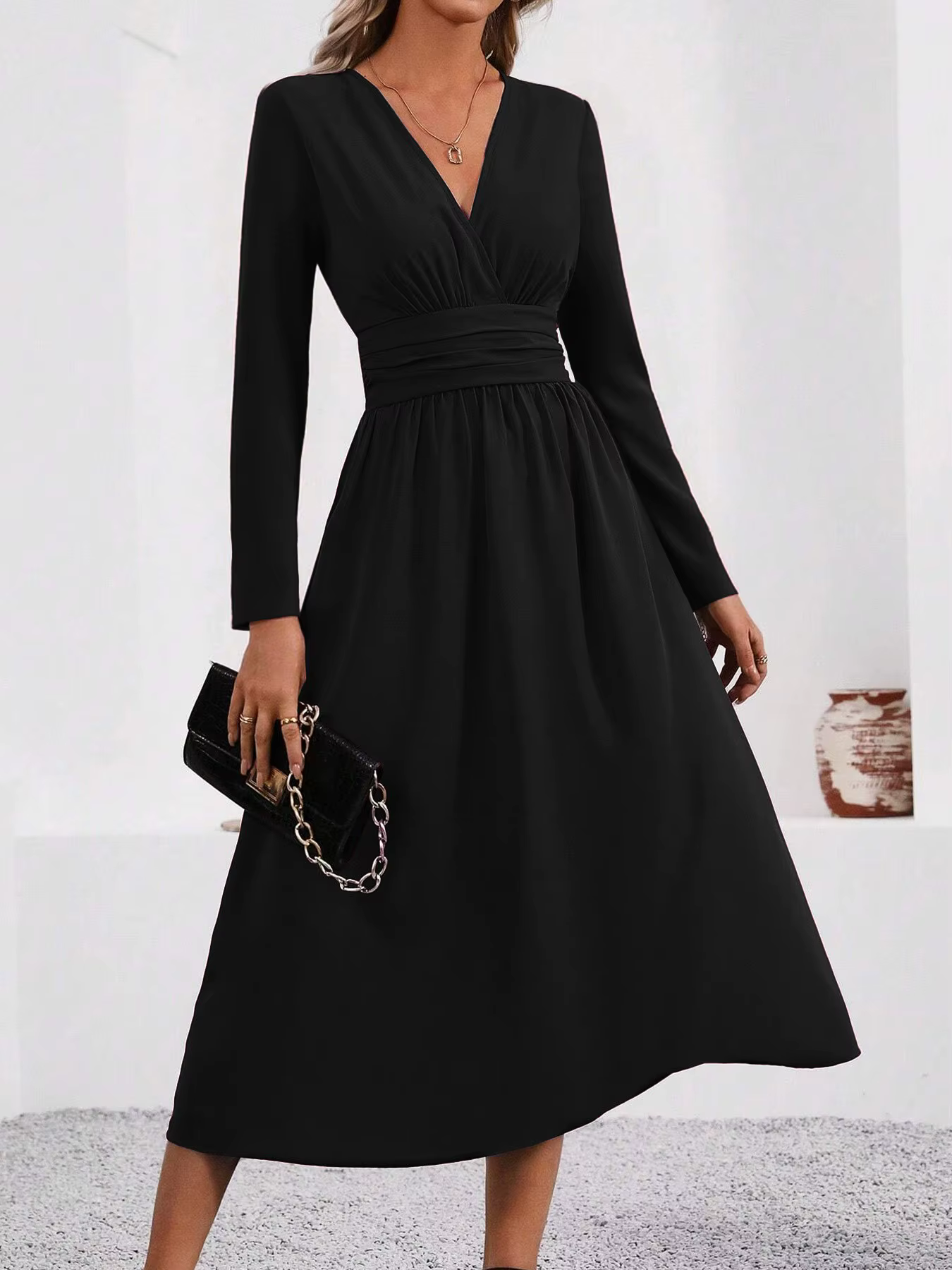 Robe élégante en tricot de couleur unie pour femmes, automne-hiver 2021, col en v, manches longues a