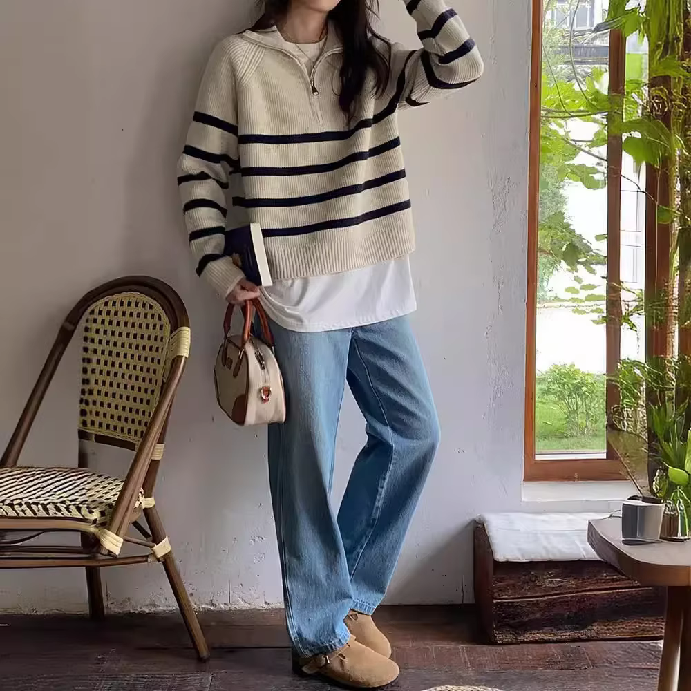 Pull rayé demi-fermeture éclair, pull décontracté, paresseux, vent doux, tempérament Wla.com, haut a
