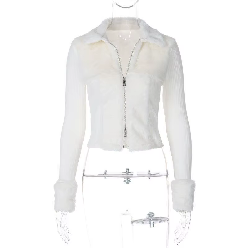 Pull en tricot blanc moelleux à col polo avec fermeture éclair bidirectionnelle, coupe slim et court