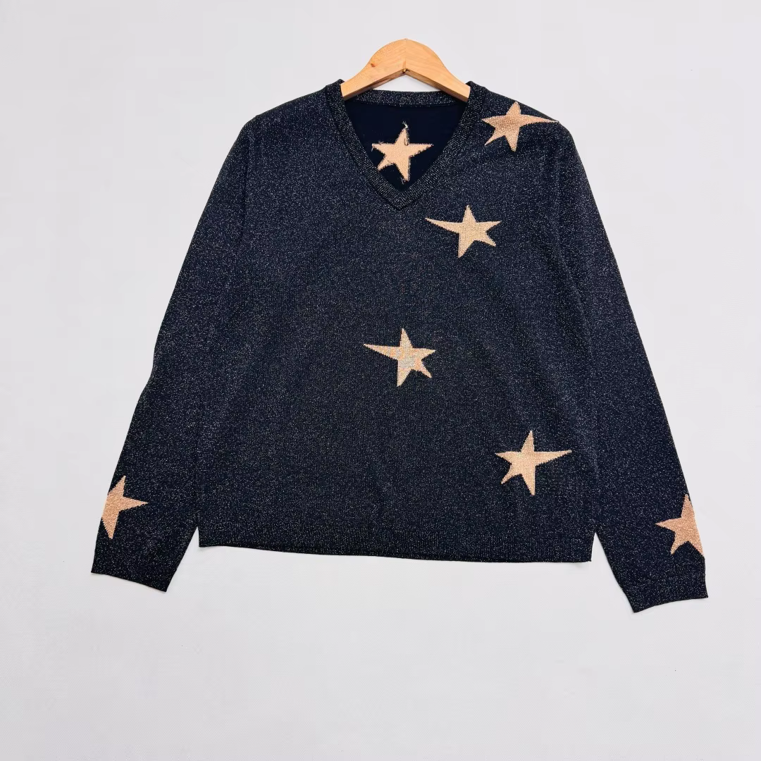 Nouveau pull en tricot à manches longues en lin à col en V imprimé étoiles avec fils dorés et argent