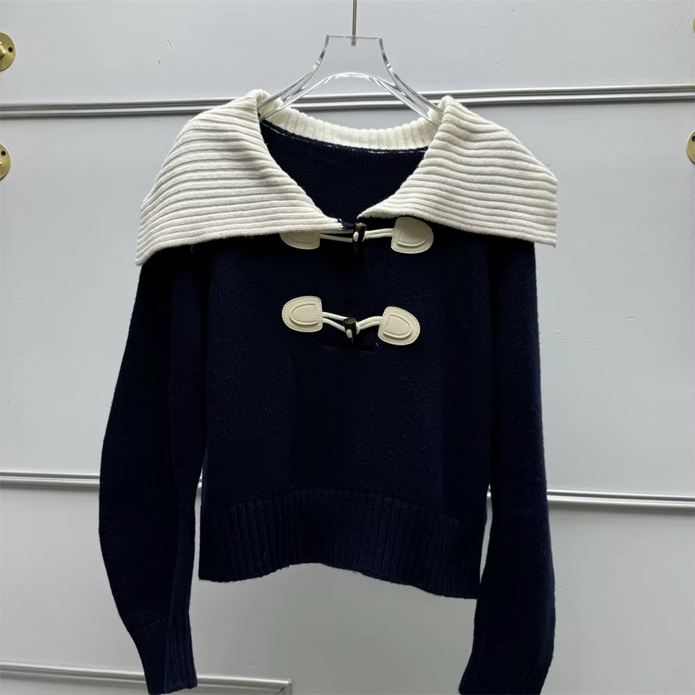 Pull tricoté en laine pour femmes, couleur contrastée, col marin, manches longues, boucle en corne,
