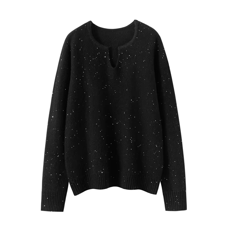 Glamour femmes pull Suite paillettes 100% cachemire pull col irrégulier automne hiver Style français