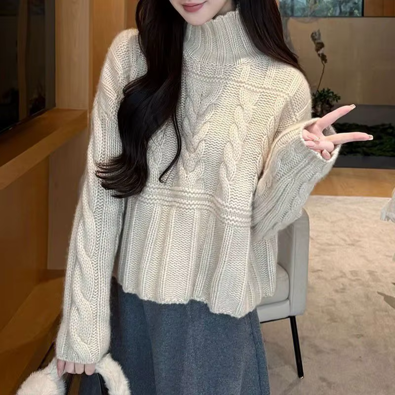 Nouveau pull torsadé semi-col roulé pour femme, collection Hiver 2026 – Coupe ample et fine, décontr
