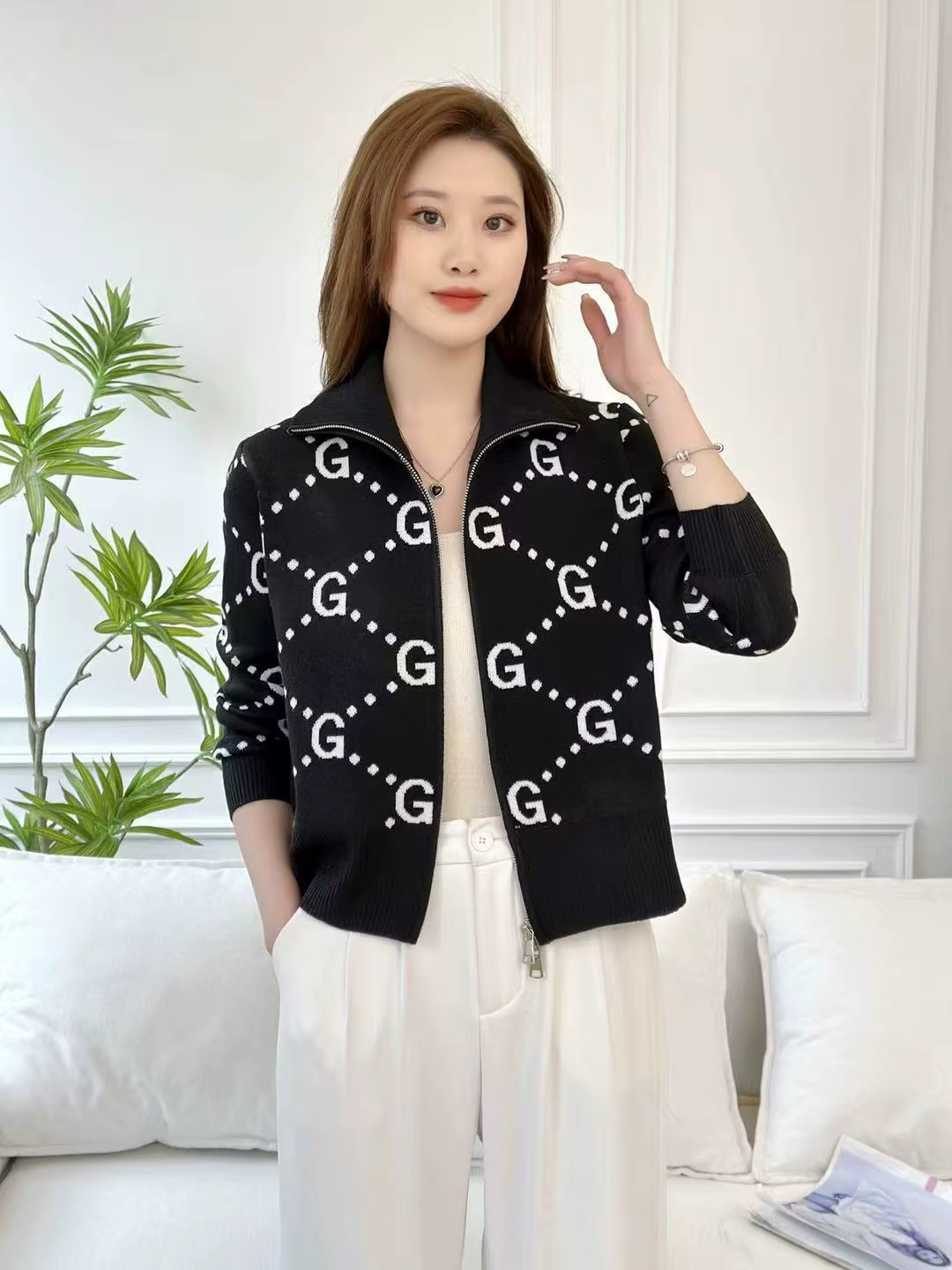 Haut de gamme Design Chic pull à fermeture éclair veste femmes court Jacquard à manches longues tric