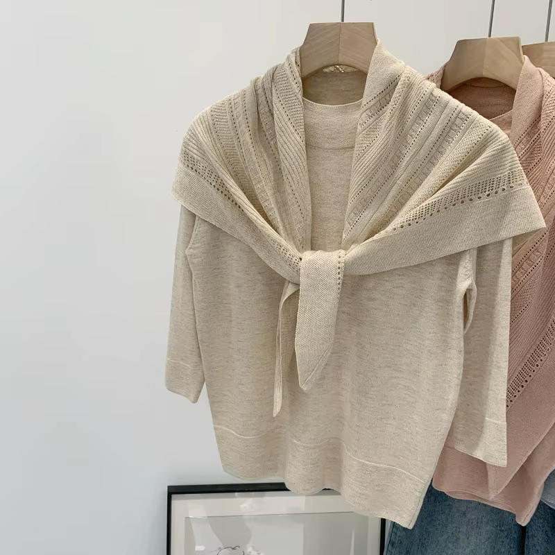 Pull tricoté semi-col roulé français pour femme, nouvelle collection été 2026, haut ajouré style châ