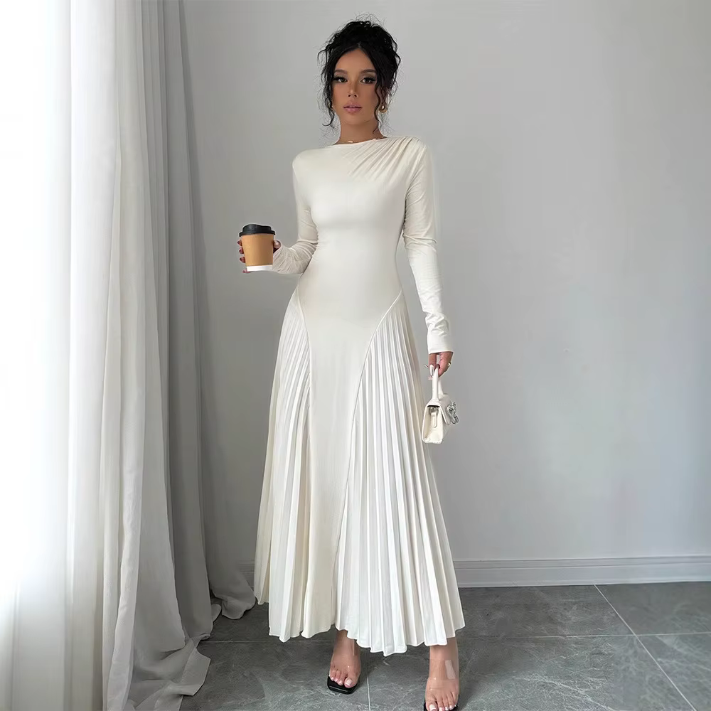Robe tricotée à manches longues pour femmes, tenue élégante plissée pour Banquet d'automne