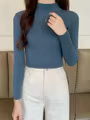 Réel grande taille pull à manches longues blouse chemisier chemisier corps mince serré demi pull à c