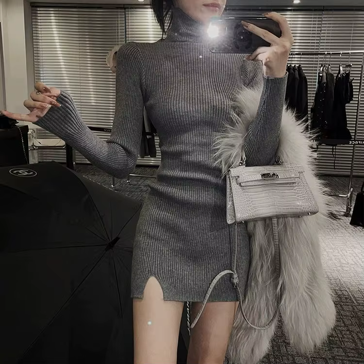 Robe tricotée hiver nouveau Style doublure fendue col haut jupe moulante minceur robe courte