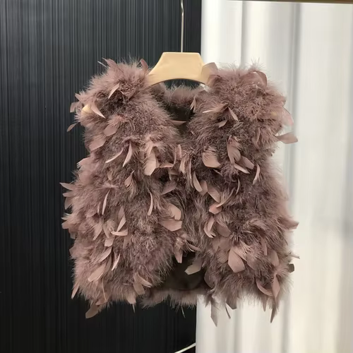 Gilet d'automne en plumes d'autruche pour femme, col en v, court, taille haute, vraie plume d'autruc