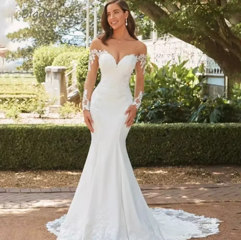 Robe De mariée sirène en dentelle, col en v, manches longues, personnalisée, nouvelle collection 202