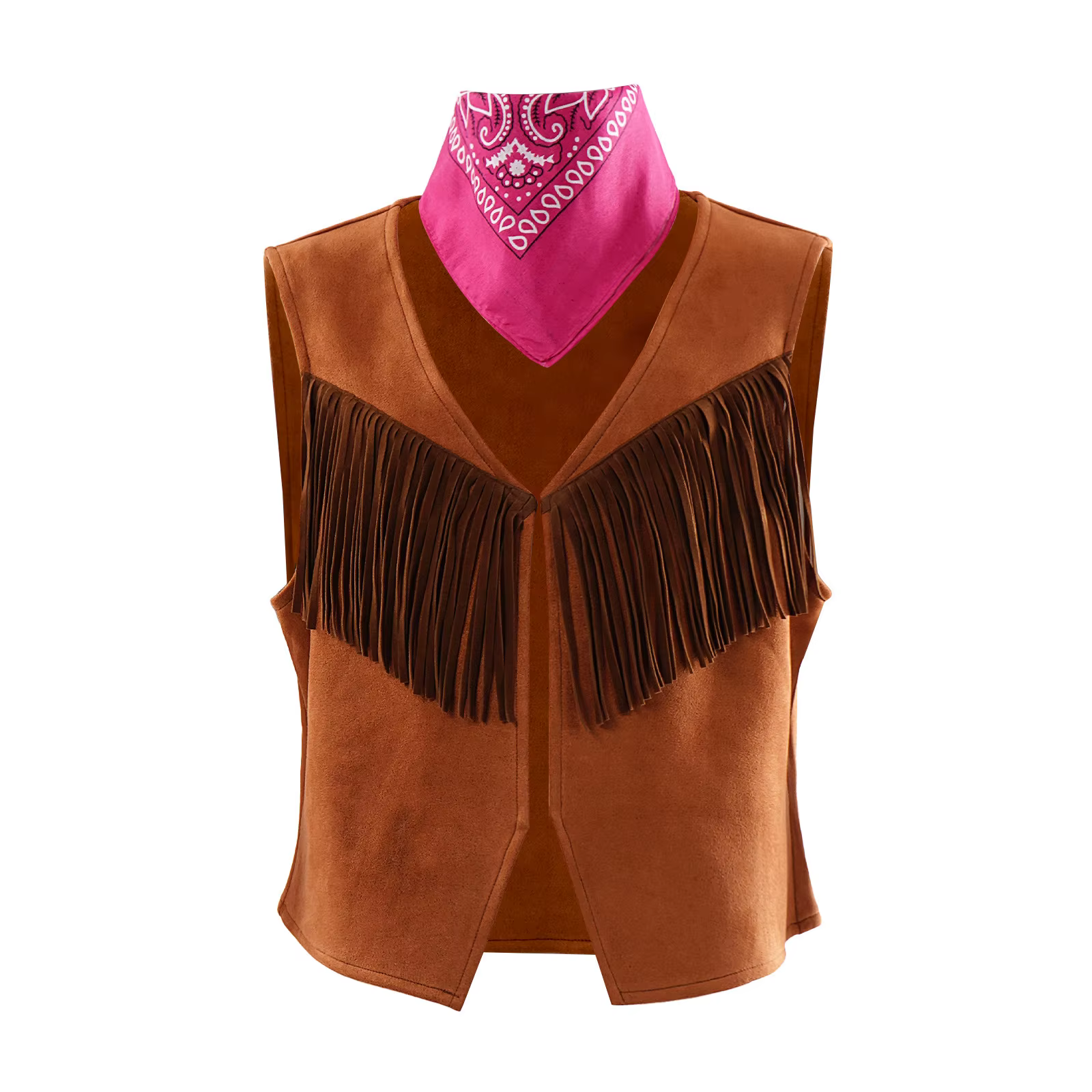 Gilet de cowboy western style hippie années 70, sans manches, ouvert sur le devant, avec écharpe, ve