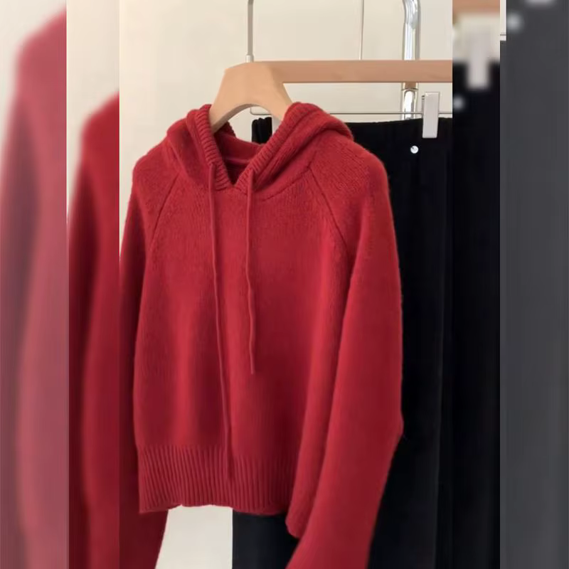 Pull en maille haut de gamme pour femme, style décontracté et simple, avec capuche, rouge du Nouvel