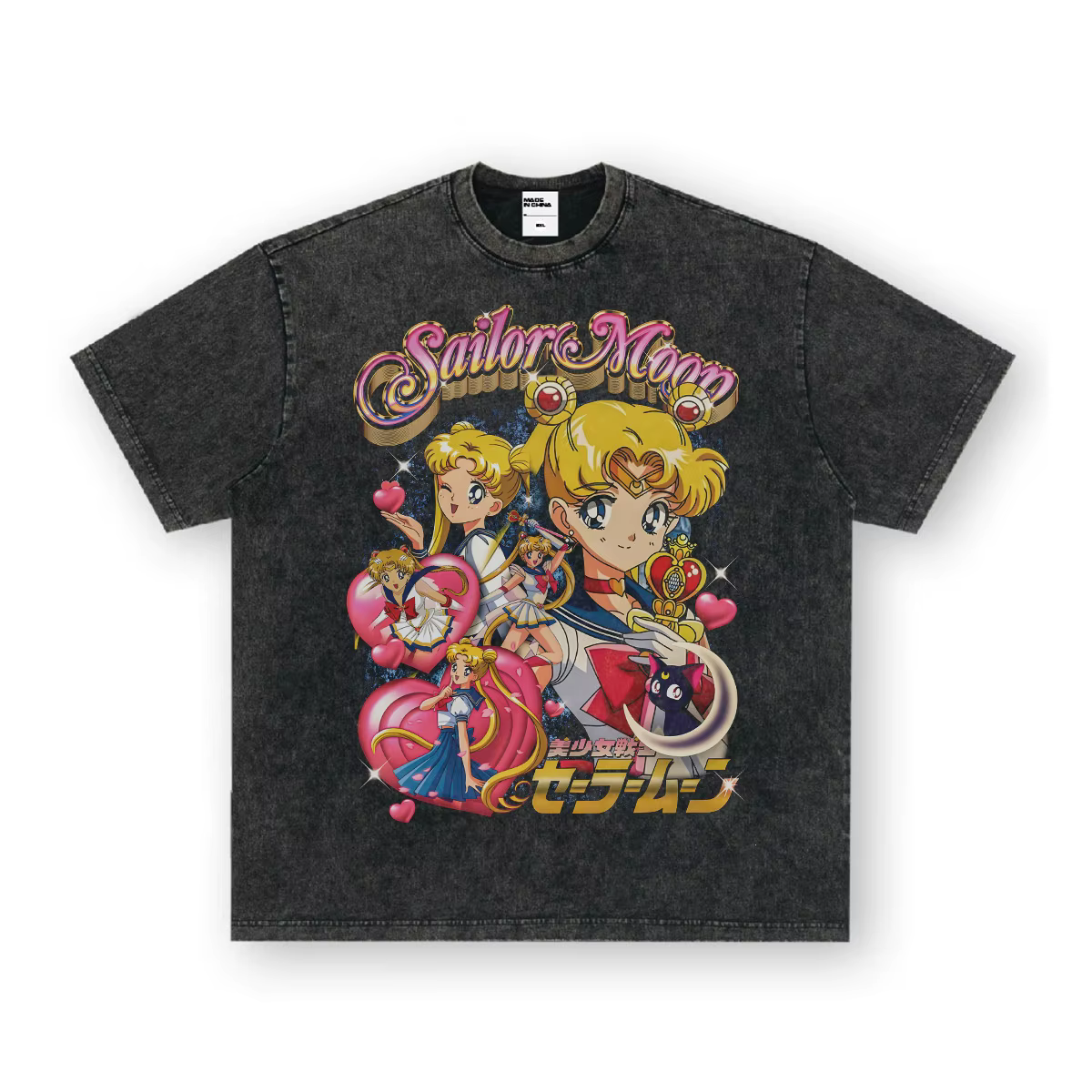 T-shirt Sailor Moon à manches courtes, style rétro américain, coupe ample, col rond, en coton pur ép