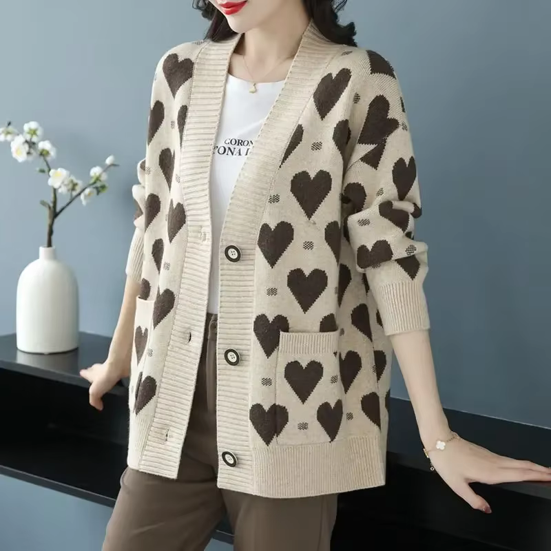 Marron hiver bouton hauts en tricot pour femme graphique Cardigan femmes pull col en v automne 2025 