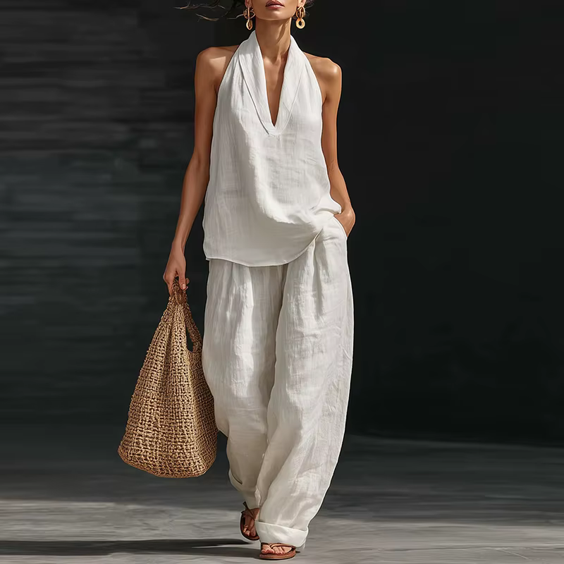 Ensemble décontracté deux pièces pour femme : débardeur dos nu sans manches et pantalon ample taille