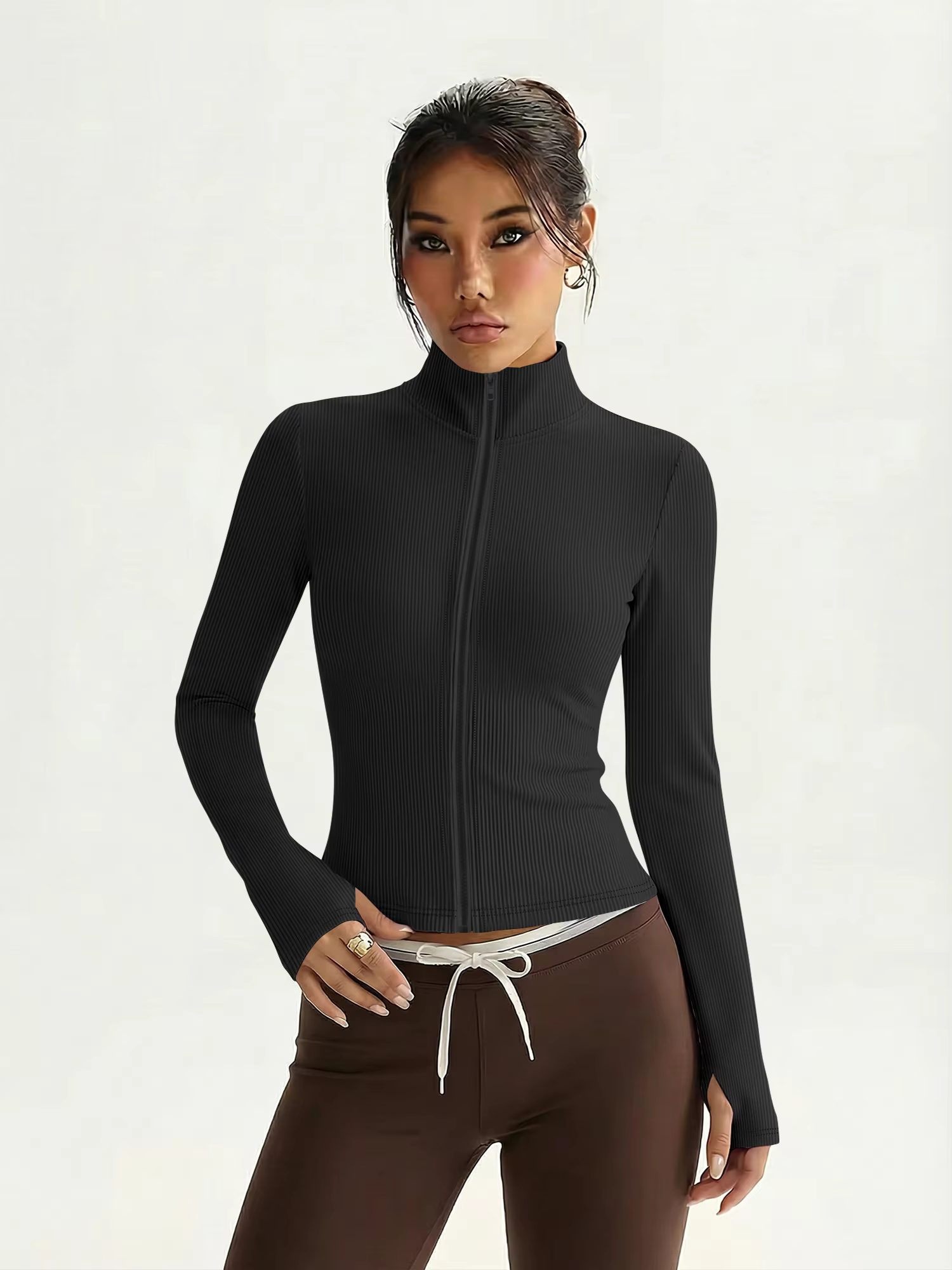 Veste polyvalente en tricot côtelé à fermeture éclair intégrale, haut ajusté à col montant pour un s